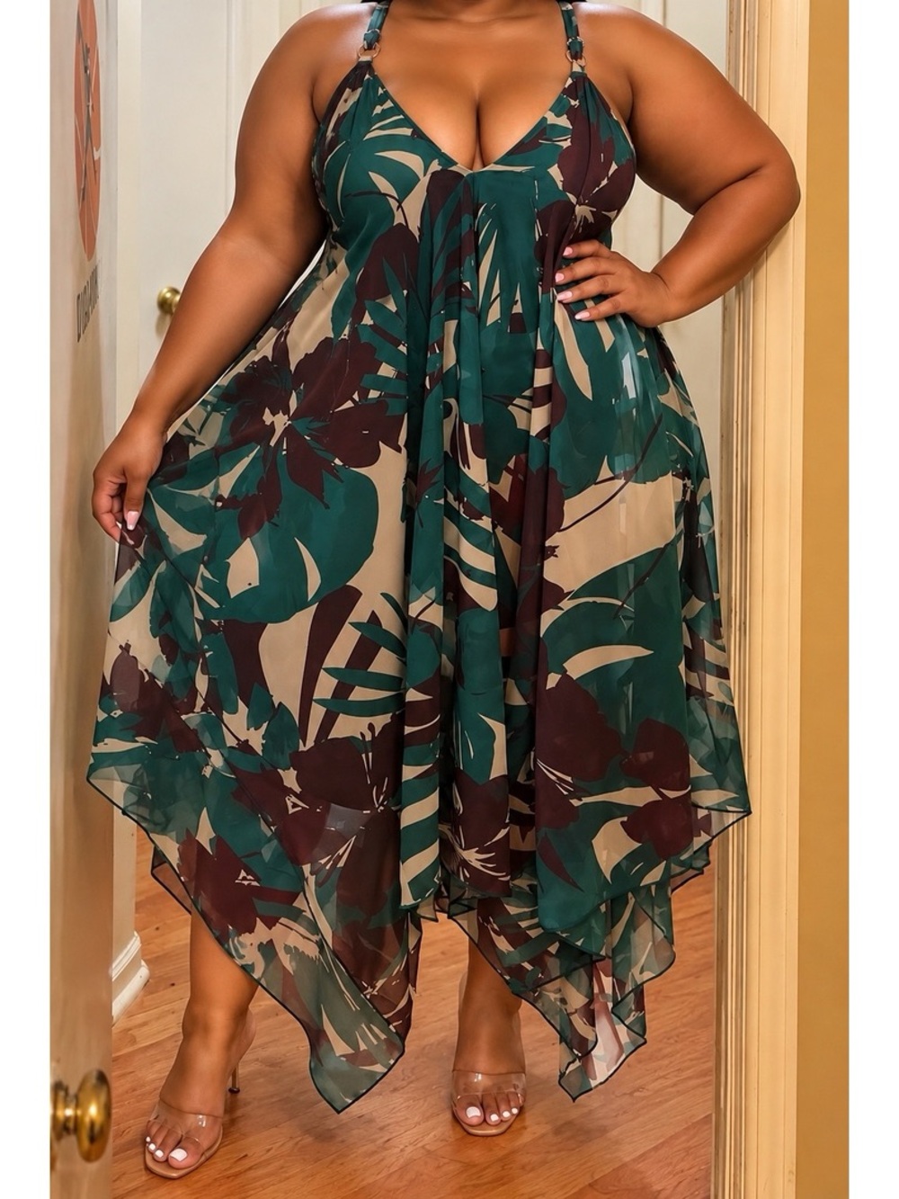 Plus Size Green Tropical Handkerchief Hem Dress